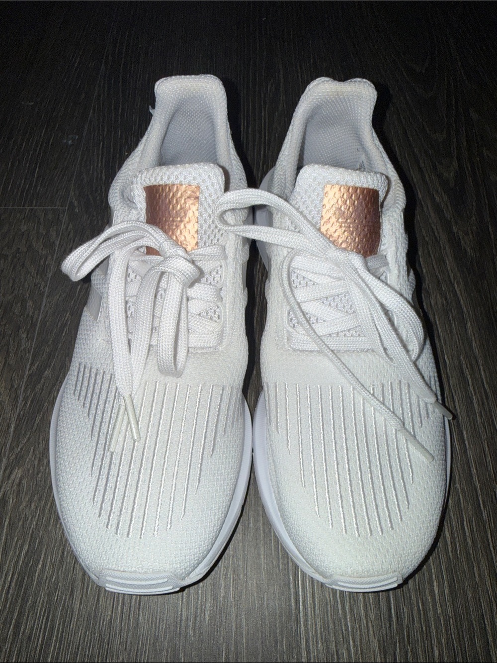 adidas Women’s White Knit Sneakers with Rose Gold Tongue Patch